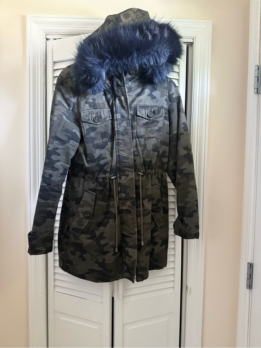 BCBGeneration Olive Green Camo Utility Jacket with Navy Faux Fur Hood